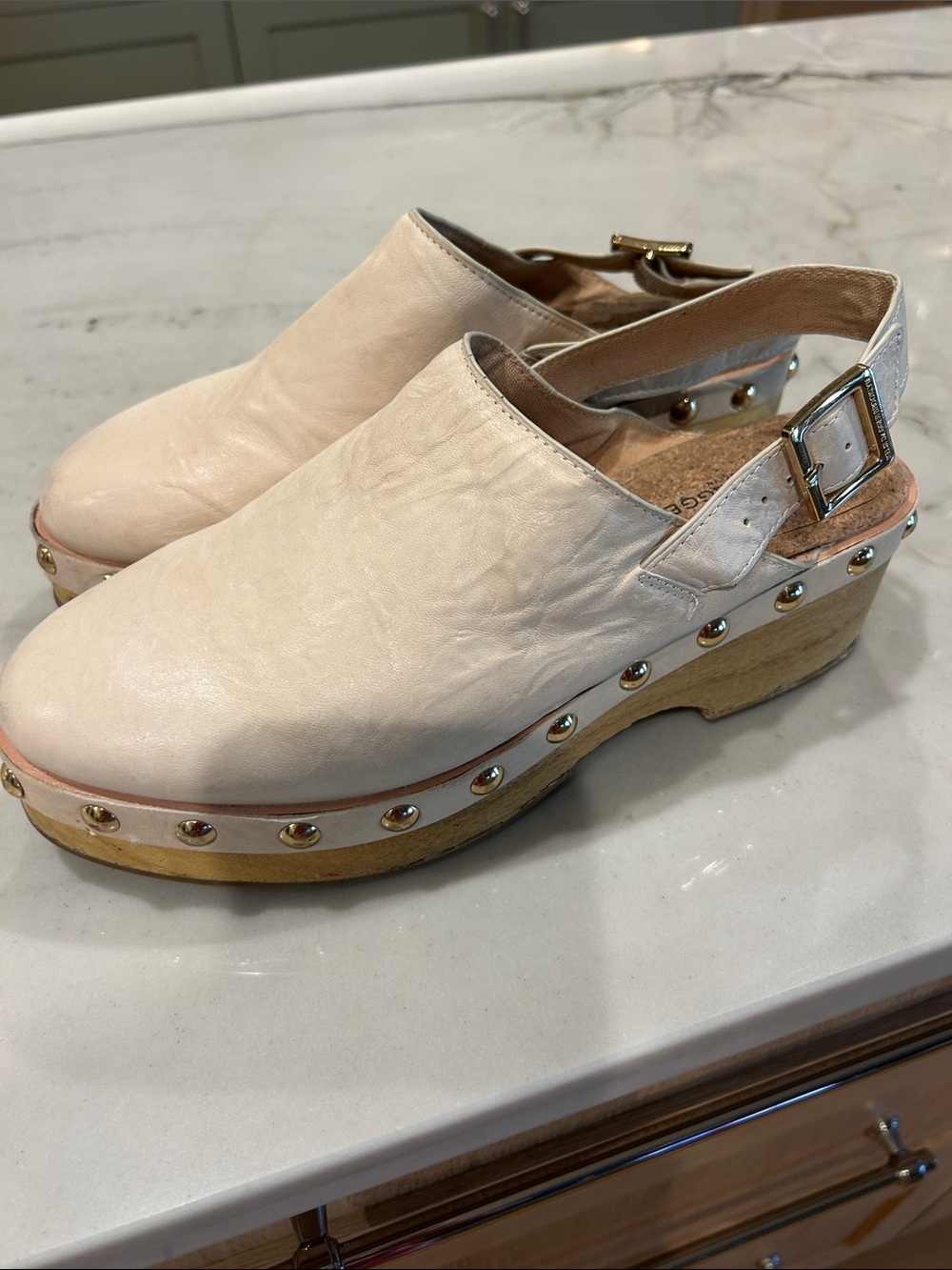 Kelsi Dagger Cream Leather Studded Slingback Clogs